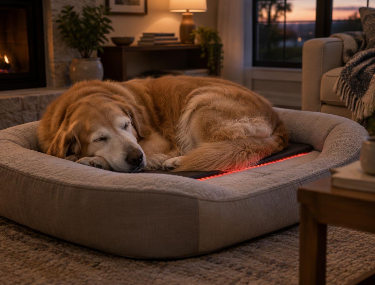 A golden retriever sleeping on a red light mat on its bed