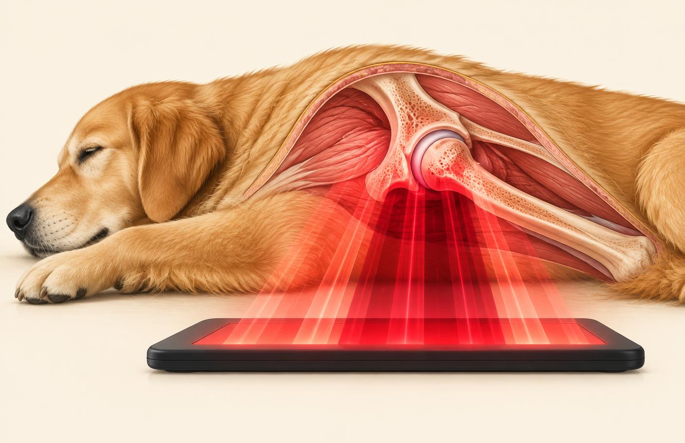 Red and near-infrared light reaching toward a dog's hip joint