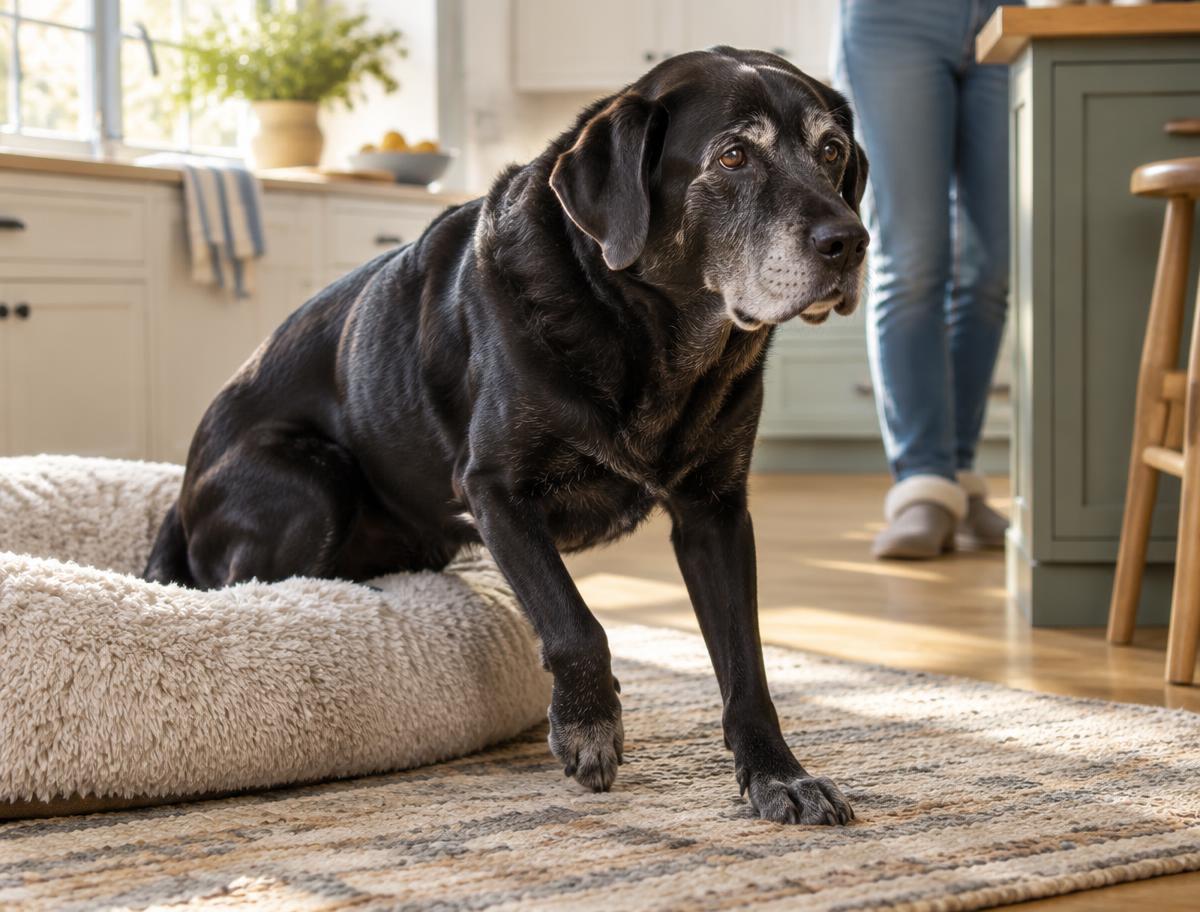 A senior black Labrador standing up in the morning